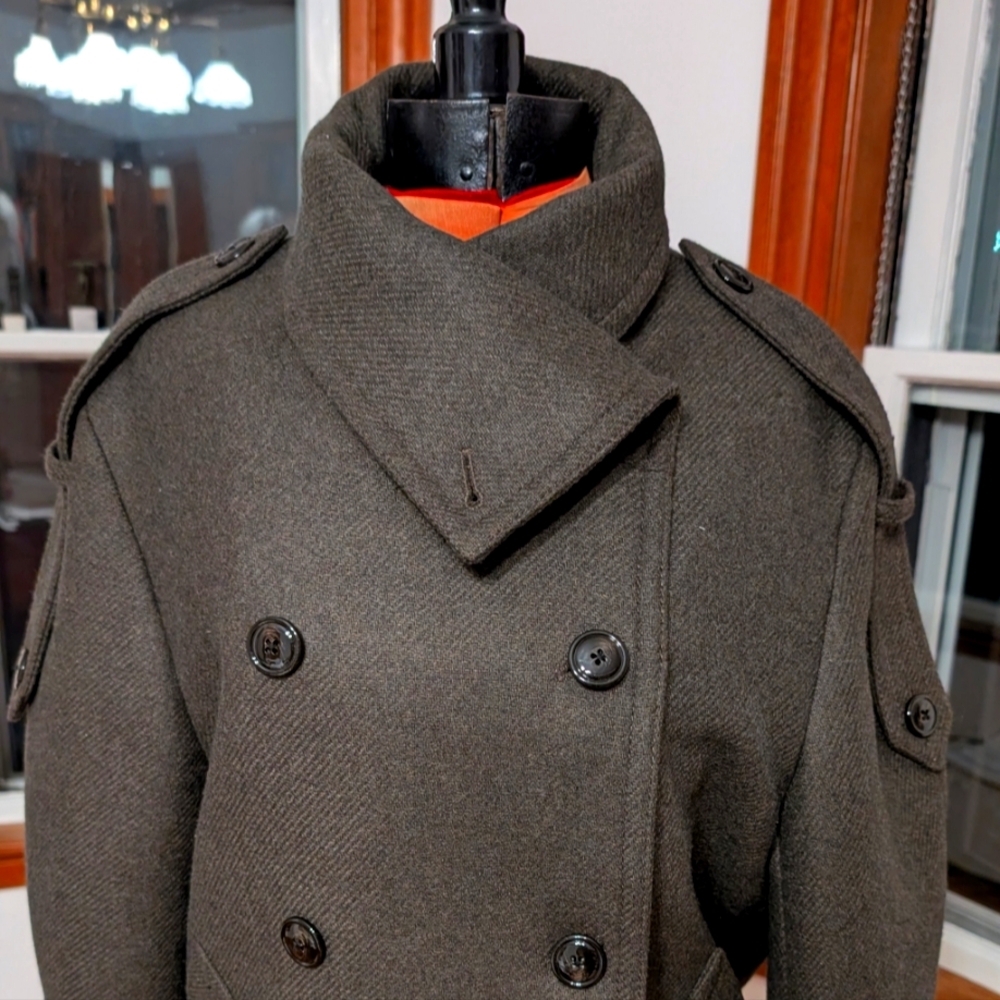 Mango double breasted, funnel neck, Italian wool coat, Size S Olive Green